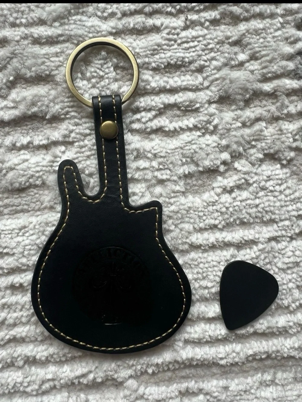 Affliction Brown Leather Strap Key Fob with Black Guitar-Shaped Keyring